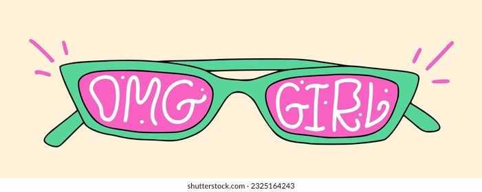 Trendy retro cartoon sunglasses. Girly 1990s artwork. Lettering slogan of OMG girl. Bright colors. Cute sticker for graphic tee, streetwear, poster.