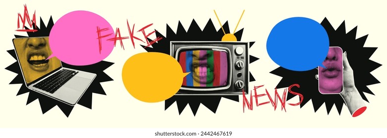 Trendy Retro collage Fake news. Screaming face in laptop, TV, smartphone with halftone effect and speech bubble with place for text. Vector Elements for banners, posters, social networks.