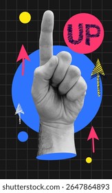 Mano de Collage Retro de moda apuntando hacia arriba con flechas. Marketing y promoción en redes sociales. Ilustración vectorial