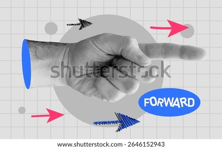 Trendy Retro Collage Hand pointing finger and forward arrow. Social media marketing and promotion. Vector illustration