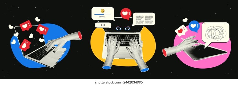 Trendy retro collage with laptop and hands. Hands with halftone effect typing on the keyboard. News, likes, promotion on social networks.