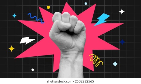 Trendy Retro Collage Raised Fist up. Demonstration of protest. Magazine style. Vector illustration