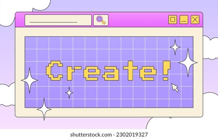 Trendy retro computer screen window, Y2K card, retro illustration, decorative art, web banner with pixel text.