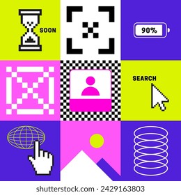 Trendy Retro Digital square composition. futuristic, pixels cursor, web aesthetics. Vibrant colors. Social media template in psychedelic style. Retro Pixels elements in the mood of 90's aesthetics.