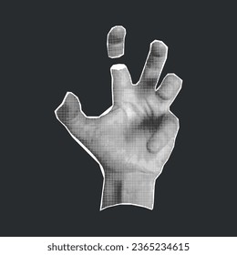 Trendy retro element isolated on dark background. Vector halftone collage of hand gesture, punk, pop art banner.