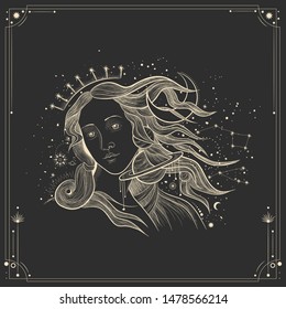 Trendy Retro Engraving Style. Space. Goddess, The Birth Of Venus In Space. Vector