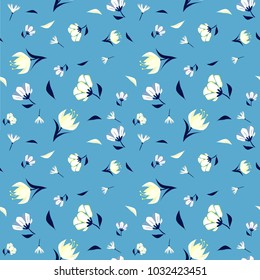 Trendy retro floral pattern in the blooming botanical motifs. It's scattered random. Seamless texture is used for fashion prints, for banners. 