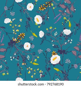 Trendy  retro Floral pattern in the many kind of flowers. Tropical botanical. Seamless vector texture for fashion prints. Printing with in hand drawn style on vintage green  background.