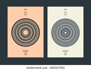 Trendy Retro Flyer Template with Grid Circle Pattern Form Backdrop. Vector illustration.
