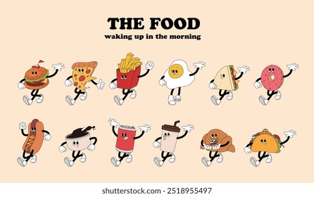 Trendy retro food character -Food, Hamburger, Pizza, Fast food, French fries, Egg, Breakfast, Sandwich, Donut, Sweet, Salty, Sausage, Coffee, Cup, Cola, Can, Beverage, Taco, Vegetable, Bread, Characte