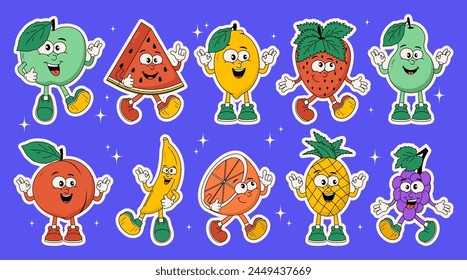 Trendy retro fruit characters. Cool Juicy healthy food sticker. Nostalgia for the vintage aesthetics of the 90s-2000s. Vector illustration.
