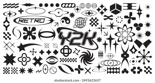 Trendy retro futuristic elements for design. Collection of abstract graphic geometric symbols and shapes in y2k style. Templates for posters, banners, stickers, business cards, tshirt design, logos.