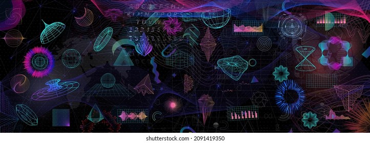 Trendy retro futuristic holographic collection. Geometric shapes, with glitch effects and abstract elements in vaporwave style from 80s-90s. Cyberpunk retro futurism set. Can be used on posters,banner