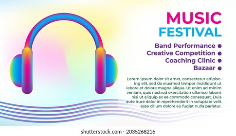 Trendy Retro Futuristic Music Festival Background Design with Holographic DJ Headphone. Good for Party and Event, web banner, paster, flyer, cover, presentation, landing page. Rainbow gradient color.