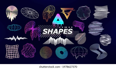 Trendy retro futuristic shapes. Geometric elements gradient color and halftone. Dynamic shapes, spheres, abstract elements, mesh, round with glitch and liquid forms. Memphis set design. Vector graphic