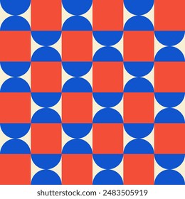 Trendy retro geometric seamless pattern with colorful semicircles and squares. Modern abstract background. Red, beige and red colors. Vector illustration