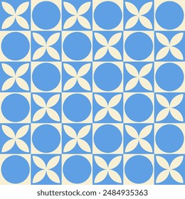 Trendy retro geometric seamless pattern with colorful circles, flowers and squares. Modern abstract background. Blue and beige colors. Vector illustration