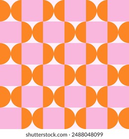 Trendy Retro geometrische nahtlose Muster mit bunten Halbkreisen und Quadraten. Moderner abstrakter Hintergrund. Rosa, Beige und Orange. Vektorillustration