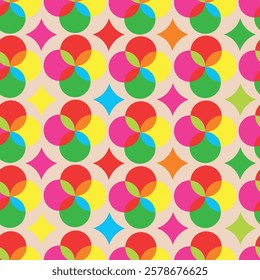 Trendy retro geometric seamless pattern with colorful circles and rhombuses. Modern abstract background . Red , green , yellow and pink colors 