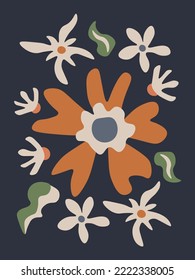 Trendy retro greeting card with groovy flowers. Modern 60s floral poster with boho daisy and chamomile. Hippie flowers and leaves. Contemporary botanical vector illustration on dark background