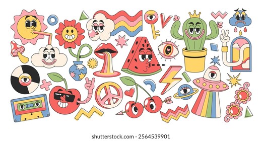 Trendy retro groovy elements, weather mascot, comic fruits characters, decorative space object set