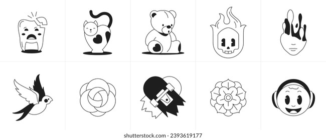 Trendy retro groovy stickers monochrome cartoon characters and elements line icon set vector illustration. Surreal funky tattoo broken teeth cat bear toy skull dove bird rose cracked skateboard music