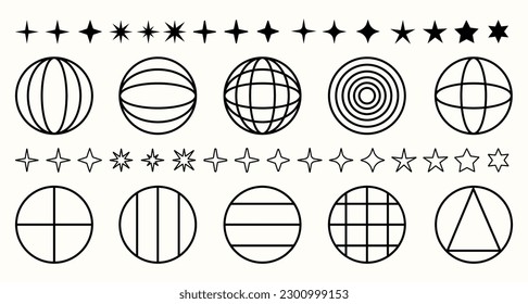 Trendy retro group of icons, symbols and shapes in Y2K aesthetic style.