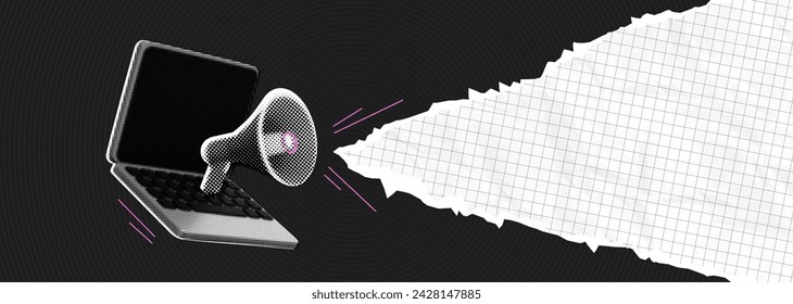 Trendy retro Halftone Collage Computer Laptop with Megaphone. Social media news and propaganda. Pop art design loudspeaker. Promotion banner with ripped paper. Conceptual composition