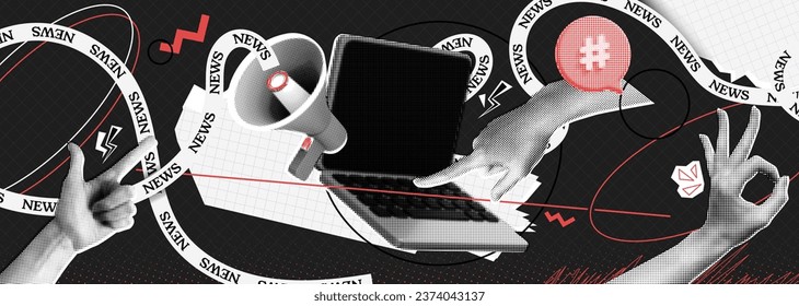 Trendy retro Halftone Collage with Megaphone, Laptop and Hand. Social media news and propaganda. Pop art design loudspeaker. Promotion banner with ripped paper. Conceptual composition
