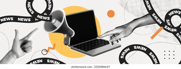 Trendy retro Halftone Collage with Megaphone, Laptop and Hands. Social media news and propaganda. Online marketing and promotion concept. Pop art design poster. Contemporary art vector illustration