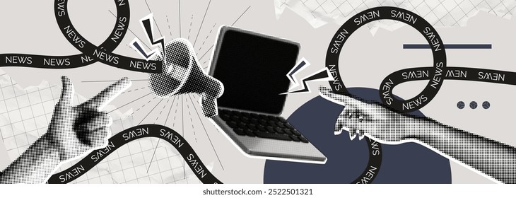 Trendy retro Halftone Collage with Megaphone, Laptop and Hand. Social media news and propaganda. Pop art design loudspeaker. Promotion banner with ripped paper. Conceptual composition