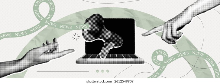 Trendy retro Halftone Collage with Megaphone, Laptop and Hands. Social media news and propaganda. Pop art design loudspeaker. Promotion banner. Conceptual composition. Contemporary vector illustration