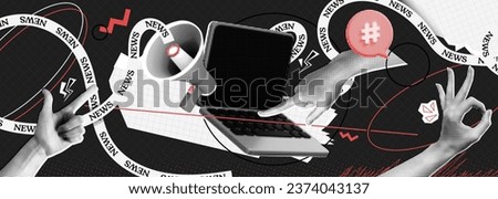 Trendy retro Halftone Collage with Megaphone, Laptop and Hand. Social media news and propaganda. Pop art design loudspeaker. Promotion banner with ripped paper. Conceptual composition Сток-фото © 