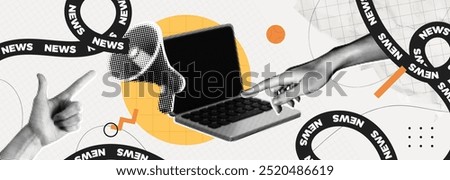 Trendy retro Halftone Collage with Megaphone, Laptop and Hands. Social media news and propaganda. Online marketing and promotion concept. Pop art design poster. Contemporary art vector illustration