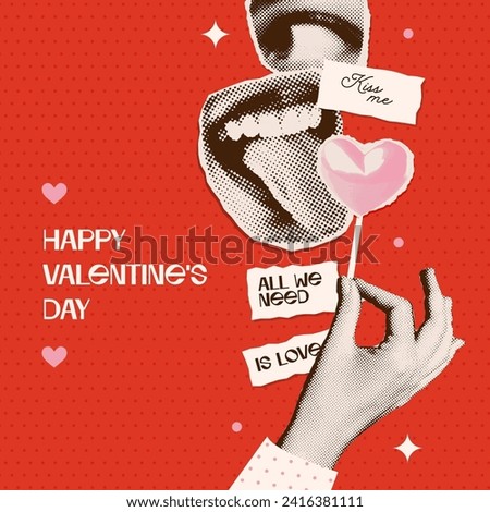 Trendy retro halftone style cute collage with girly elements. Stickers cut out from a magazine in the style of 00x, Y2K. Valentine's day with girl licking heart shaped lollipop. Vector