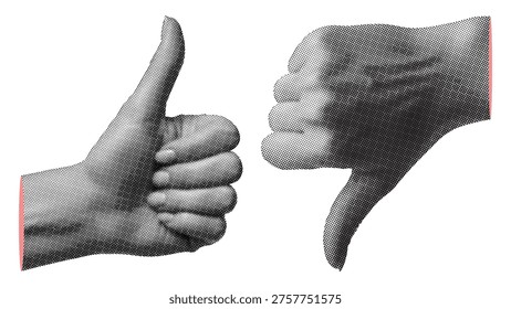 Trendy retro halftone thumbs up and thumbs down. Halftone gestures collage elements. Vector illustration.