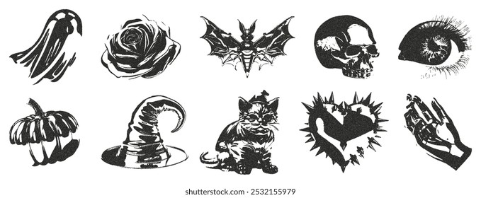 Trendy retro Halloween design elements for printing stickers, posters, collages, banners. Cat, hand, eye, pumpkin, hat, rose heart, skull with vintage grunge effect. Chrome figurines Vector.