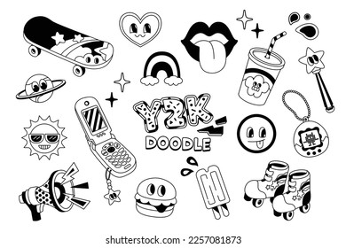 Trendy retro illustration in doodle styles. Y2K doodles with smiley face and retro items.