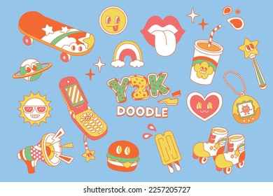 Ilustración retro de moda en estilos de doodle. El color de los doodles Y2K con cara sonriente y elementos retro.