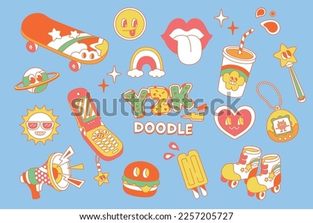 Trendy retro illustration in doodle styles. Y2K doodles color with smiley face and retro items.