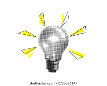 Trendy retro light bulb collage element. Concept of creative idea or brainstorm. Contemporary vector illustration	