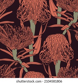 Trendy retro line Protea, Leucospermum flowers and botanical garden seamless pattern, design for fashion, fabric, wallpaper and all prints on black background.