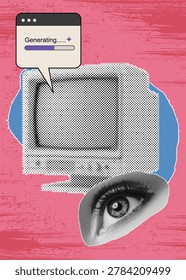 Trendy Retro Mixed Media Collage of Artificial Intelligence Content Generation Interface with Halftone Computer Screen and Human Eye on Grunge Pink Background Vector