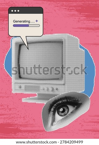 Trendy Retro Mixed Media Collage of Artificial Intelligence Content Generation Interface with Halftone Computer Screen and Human Eye on Grunge Pink Background Vector