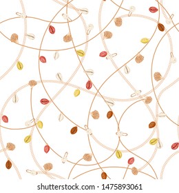 Trendy of retro necklace with gold chain and pearl,summer shell ,jewelry decoration seamless pattern in vector Design for fashion , fabric, web,wrapping ,wallpaper and all prints on white 