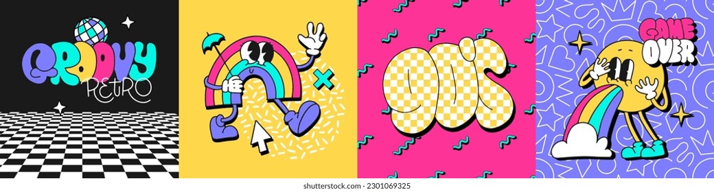 Trendy retro party square posters set with symbols of toons rainbow character, emoji, lettering 90s and disco retro groovy text. Vector banners with trendy 80s-00s comic patches.