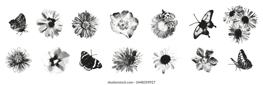 Trendy retro photocopy effect elements set. Wild flowers heads and butterflies with grunge punk gritty texture, grainy gradient and stippling. Trendy y2k dotted vector illustration