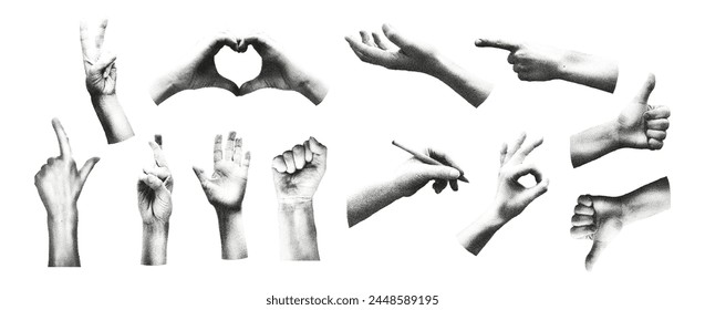 Trendy retro photocopy effect elements set. Various halftone hands gestures, heart, writing, pointing, ok, like, dislike, victory, fist, palm. Vector dotted stipplism effect