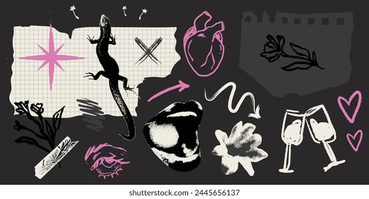 Trendy with a retro photocopy effect y2k elements and tattoo style with brush stroke drawings for poster, placard, social media. Vector trendy design elements with dot texture. Torn paper pieces.