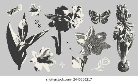 Trendy with a retro photocopy effect y2k elements for design. Black and white with grain effect tulip, spring flowers, narcissus, hyacinth, butterfly. Vector trendy design elements with dot texture.